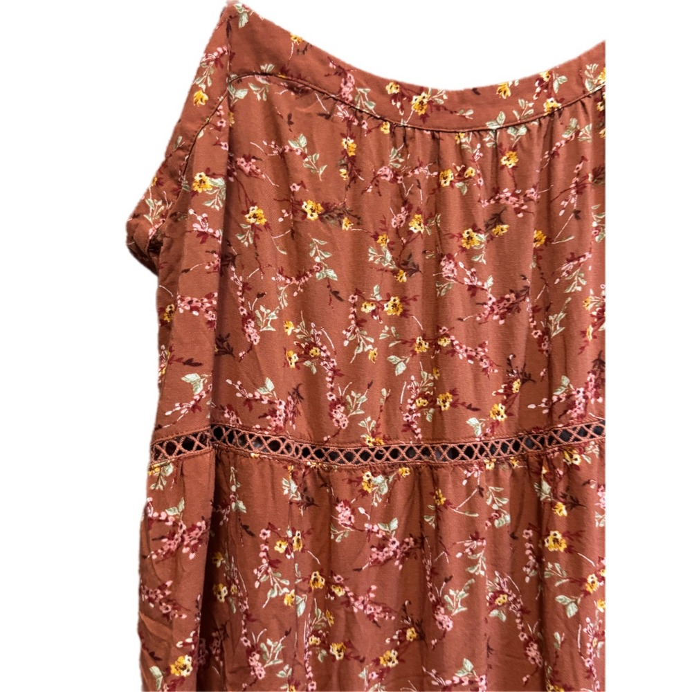 Pink Rose Floral Mini Dress Womens Large Rust Orange Excellent Crochet Lace Trim - Picture 2 of 5